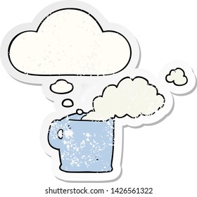 cartoon hot coffee with thought bubble as a distressed worn sticker