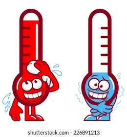 Cartoon hot and cold thermometer characters. A shivering and a hot sweating thermometer. Funny cartoon thermometers indicating very hot and cold temperature. Vector illustration