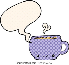 cartoon hot cup of coffee with speech bubble in comic book style