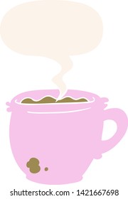 cartoon hot cup of coffee with speech bubble in retro style