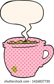 cartoon hot cup of coffee with speech bubble in comic book style