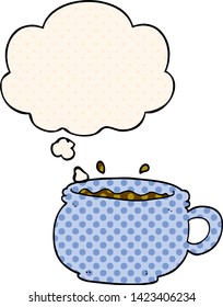 cartoon hot cup of coffee with thought bubble in comic book style