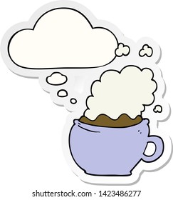 cartoon hot cup of coffee with thought bubble as a printed sticker