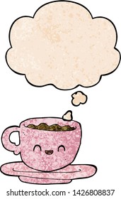 cartoon hot cup of coffee with thought bubble in grunge texture style