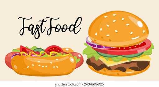 Cartoon hot dog and burger, vector clipart