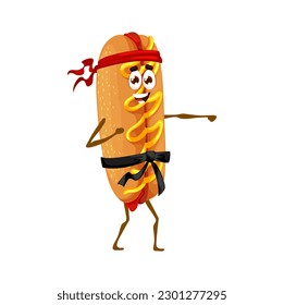 Cartoon hot dog character on karate sport training. Vector fast food fighter personage, cute hotdog sandwich emoji with sausage, bun, mustard and ketchup sauce, black belt of karate rank and headband