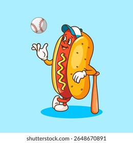Cartoon Hot Dog Character Playing Baseball Vector Illustration