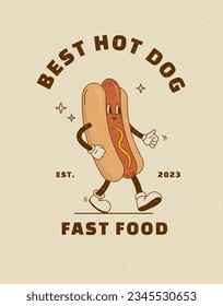 Cartoon hot dog character in retro 70s style. Street food vector illustration. Vintage bratwurst mascot poster. Nostalgia 60s, 1970s, 80s