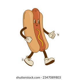 Cartoon hot dog character in retro groovy 70s style. Fast food vector illustration. Vintage bratwurst mascot. Nostalgia 60s, 80s