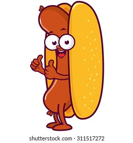 Cartoon hot dog character. Vector illustration