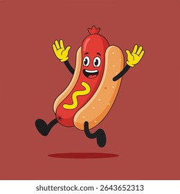 A cartoon hot dog character with yellow mustard is jumping in the air smiling.