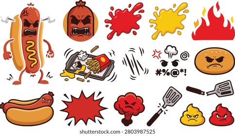 Cartoon hot dog characters, angry food symbols