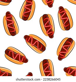 Cartoon hot dog fast food seamless pattern isolated on white background. Fashion fabric print template.
