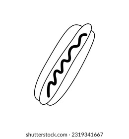 Cartoon hot dog fast food doodle. Outline hot dog, street food concept, line art, sketch, template. Black and white icon. Hand drawn illustration isolated on white background.