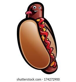 Cartoon hot dog frank character with ketchup and mustard in roll sticking out tongue