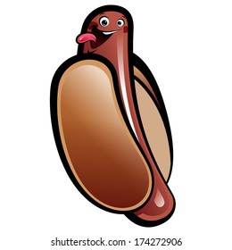 Cartoon hot dog frank character in bun sticking out tongue