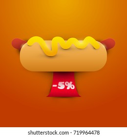 Cartoon hot dog grill with red ribbon in paper cut  trendy craft style. Modern design for advertising, branding greeting card, cover, poster, banner. Vector illustration.