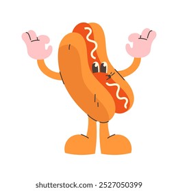 Cartoon hot dog in groovy style on white background