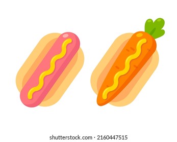 Cartoon Hot Dog Icon, Vegan Carrot In Bun And Sausage With Mustard. Funny Veggie Hotdog. Vector Clip Art Illustration.