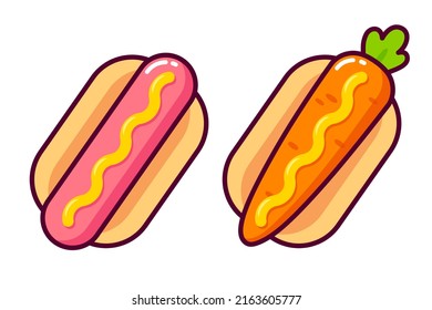 Cartoon Hot Dog Icon, Vegan Carrot In Bun And Sausage With Mustard. Funny Veggie Hotdog. Vector Clip Art Illustration.