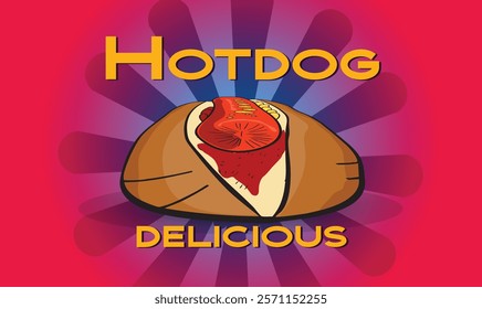 Cartoon hot dog with ketchup, mustard and bun on a radial background