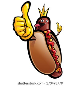 Cartoon hot dog king making thumbs up gesture wearing crown, gloves and sticking out tongue