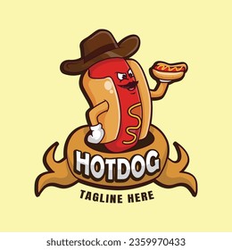 cartoon hot dog logo with cowboy hat