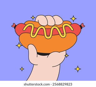 Cartoon hot dog with mustard being held in a hand in cartoon hand drawn illustration for 