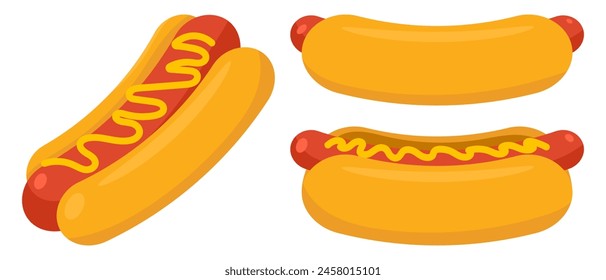 Cartoon Hot Dog mit Senf. Fast Food Hot Dog Symbol. Vektorillustration isoliert auf weißem Hintergrund.