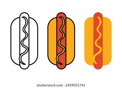 Cartoon hot dog with mustard. Fast food hot dog icon set. Vector illustration isolated on white background.