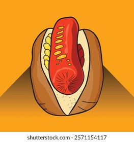 Cartoon hot dog with mustard and ketchup lying on a bun on a vibrant orange background, perfect for menus or food blogs