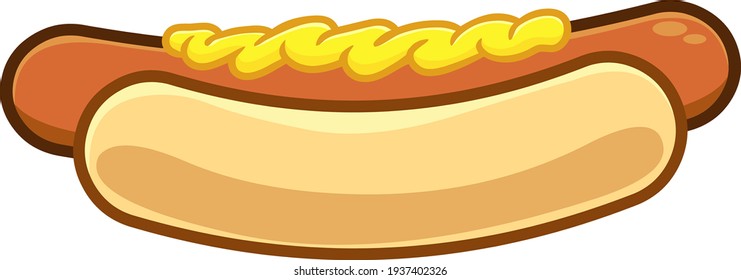 Cartoon Hot Dog With Mustard On A Bun. Vector Hand Drawn Illustration Isolated On Transparent Background