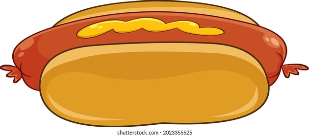 Cartoon Hot Dog With Mustard On A Bun. Vector Hand Drawn Illustration Isolated On Transparent Background