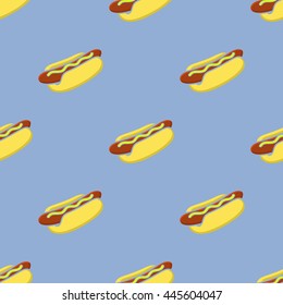 Cartoon hot dog with mustard, seamless pattern. Vector illustration