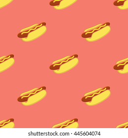 Cartoon hot dog with mustard, seamless pattern. Vector illustration