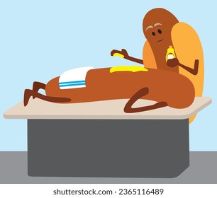 A cartoon hot dog is receiving a mustard treatment at the spa svg