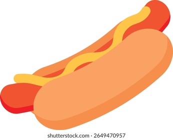 Cartoon hot dog with reddish sausage, yellow mustard, and a light brown bun, illustrated in a flat, playful style for food-related or children’s content.