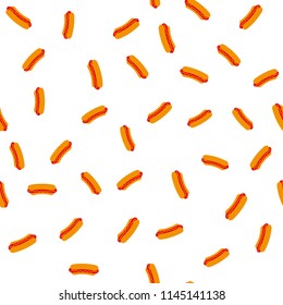 Cartoon hot dog repeating pattern, food seamless background, delicious colorful illustration on white backdrop. Fast food design.