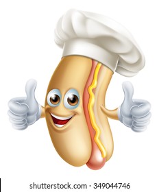 Cartoon hot dog sausage in a bun mascot man character in a chef cook hat giving a thumbs up