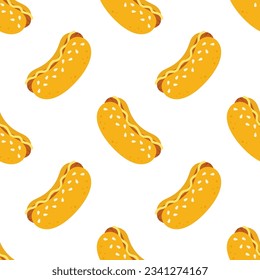 cartoon hot dog seamless pattern, fast food background, delicious colorful illustration on white backdrop, repeating food