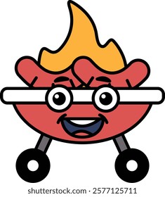 A cartoon hot dog with a smiling face and a fire on top of it