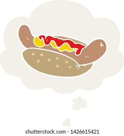 cartoon hot dog with thought bubble in retro style