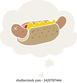 cartoon hot dog with thought bubble in retro style