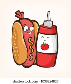 cartoon hot dog and tomato sauce vector, cartoon cute