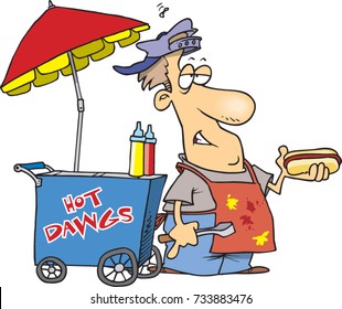 Cartoon Hot Dog Vendor With His Cart