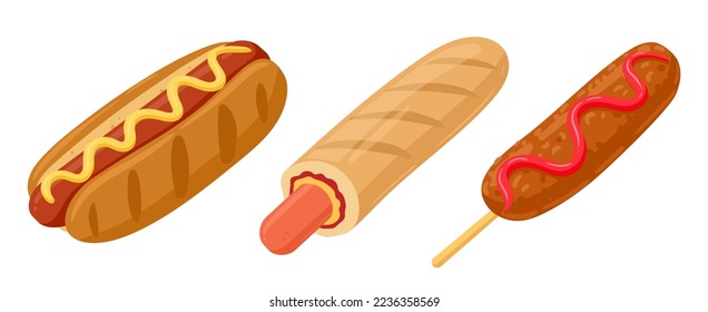 Cartoon hot dogs. Delicious hot dog and corn dog with cheese and sauce, tasty fast food dish flat vector illustration on white background