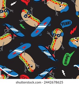 Cartoon Hot Dogs skateboarding in cap and headphones seamless pattern. Vector illustration.