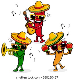 Cartoon hot mariachi chili peppers with sombreros, playing music. Vector illustration