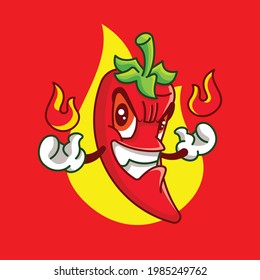 Cartoon hot red chilli character creating fireballs on both hands