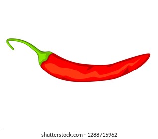 Cartoon hot red chilli pepper, horizontal view. Spicy food seasoning. Mexico theme vector illustration for icon, stamp, label, badge, certificate, leaflet, brochure or banner decoration